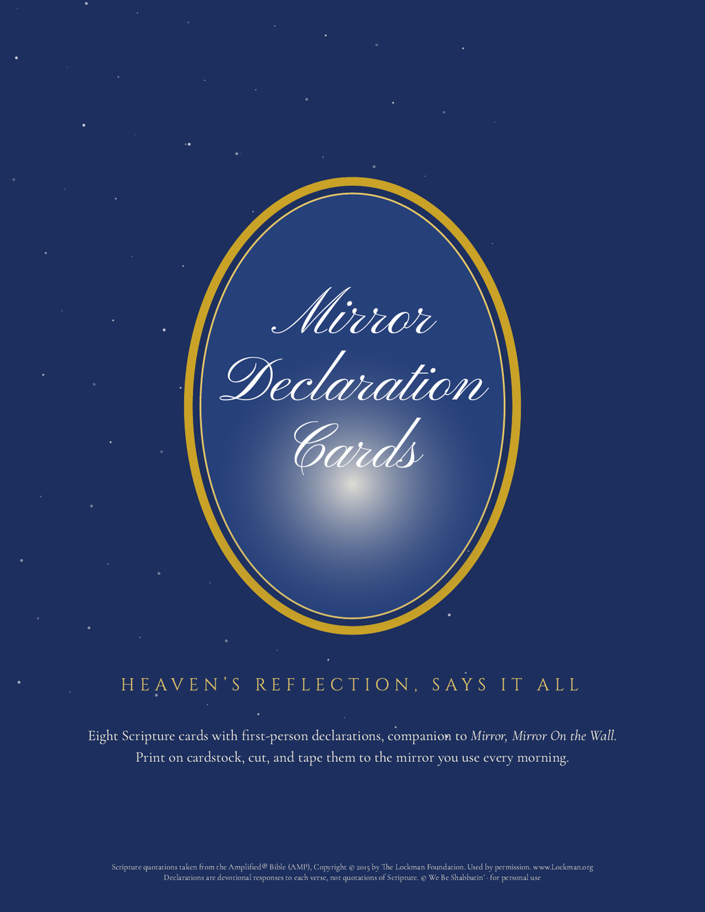 Mirror Declaration Cards printable PDF cover: navy starry background with a gold oval mirror frame