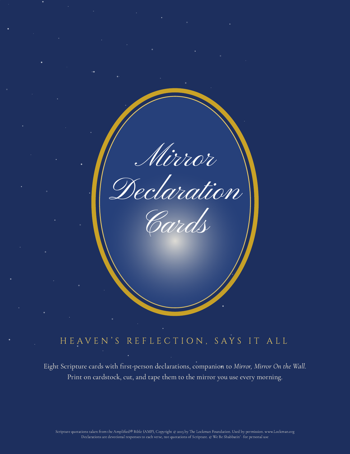 Mirror Declaration Cards printable PDF cover: navy starry background with a gold oval mirror frame