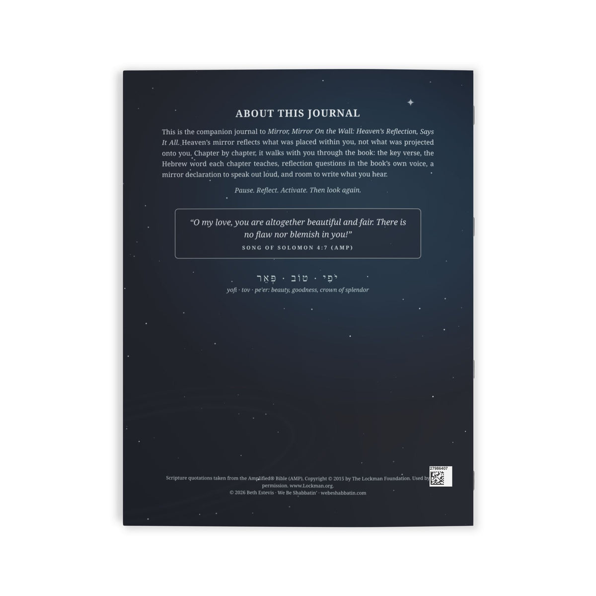 Back cover of Mirror, Mirror On the Wall Companion Journal describing chapter prompts and Song of Solomon 4:7