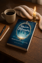 Mirror, Mirror On the Wall book by Beth Estevis on a wooden table with coffee, a candle and a notebook