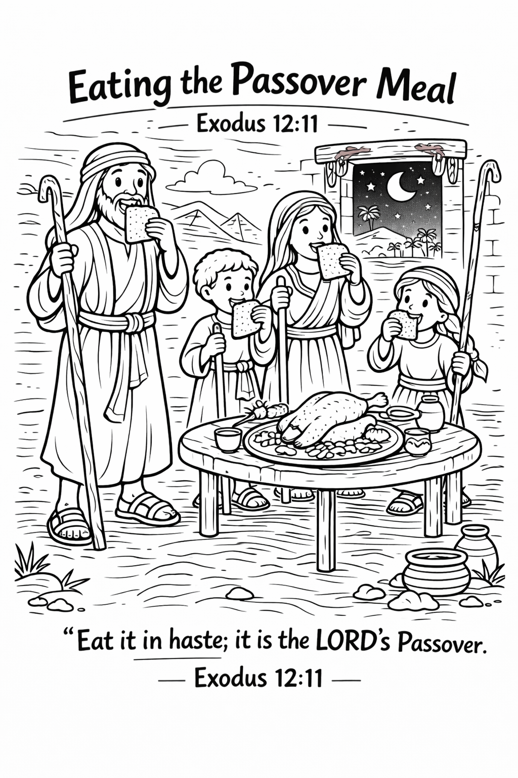 Coloring page Eating the Passover Meal showing a family with staffs eating around a table, Exodus 12:11