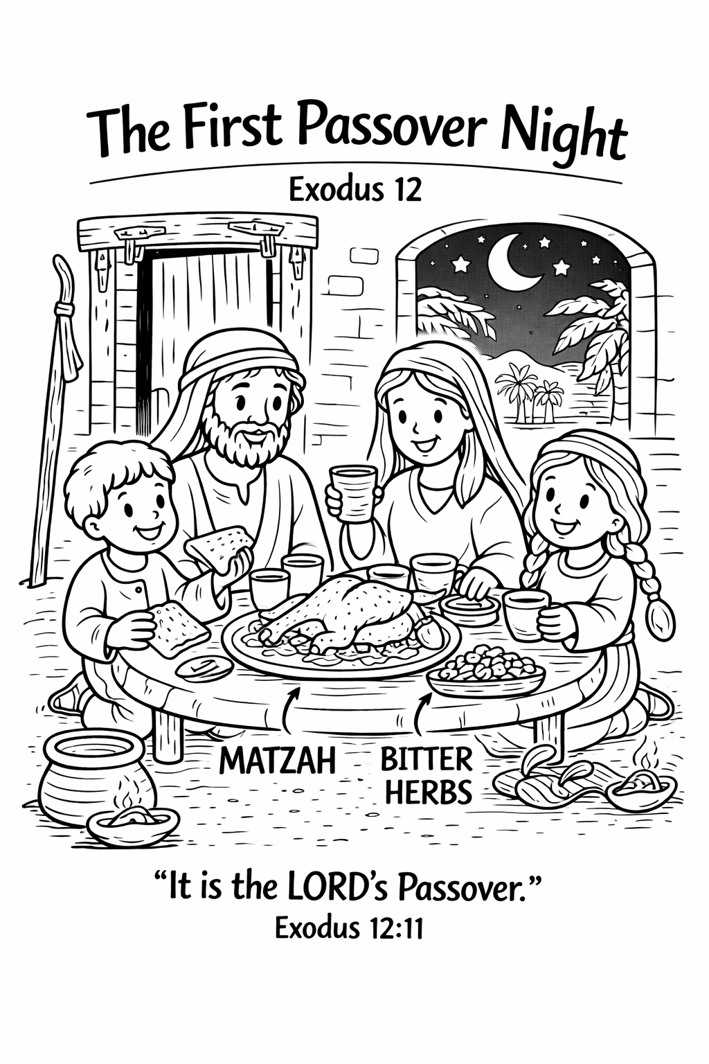 Coloring page The First Passover Night showing a family at a meal with matzah and bitter herbs, Exodus 12:11