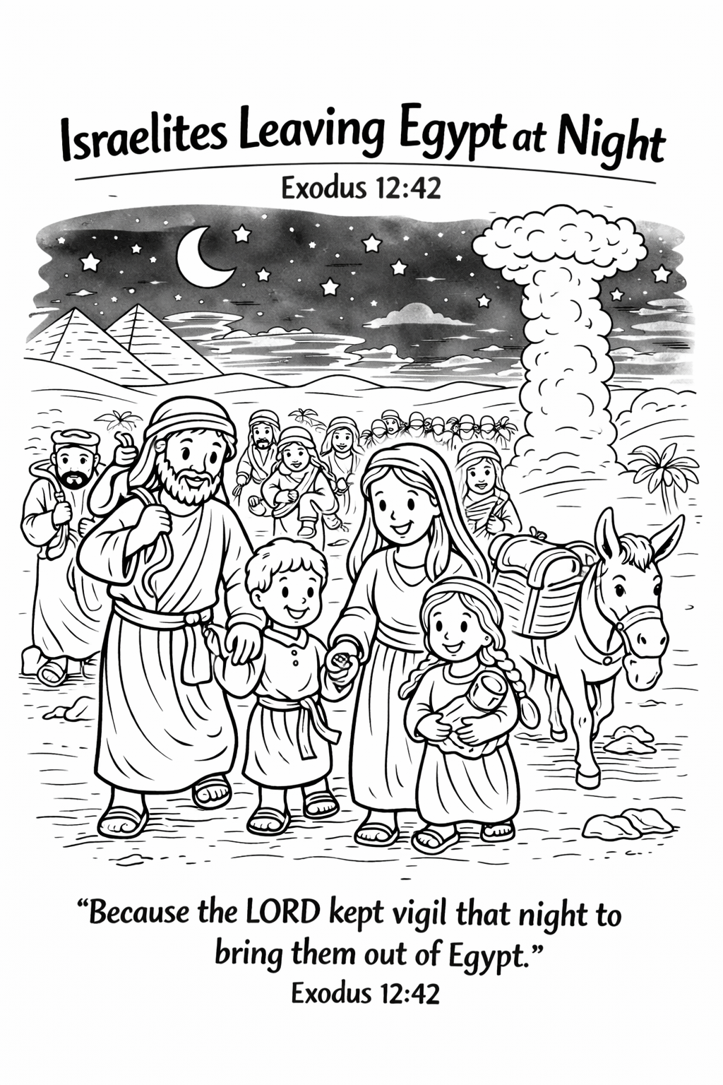Coloring page Israelites Leaving Egypt at Night showing a family with a donkey under a moonlit sky, Exodus 12:42
