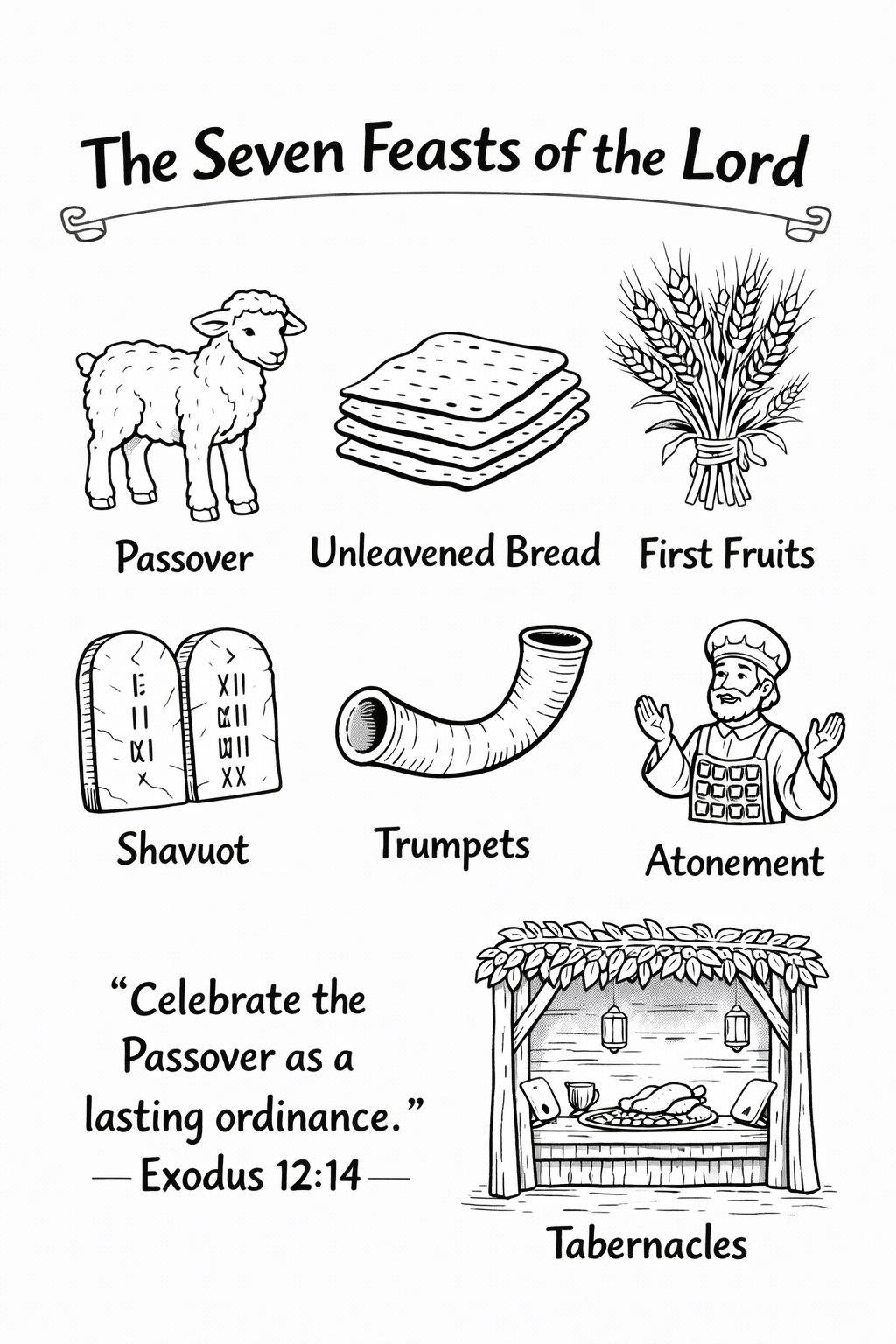 Coloring page The Seven Feasts of the Lord with a lamb, matzah, wheat, tablets, shofar, priest and sukkah