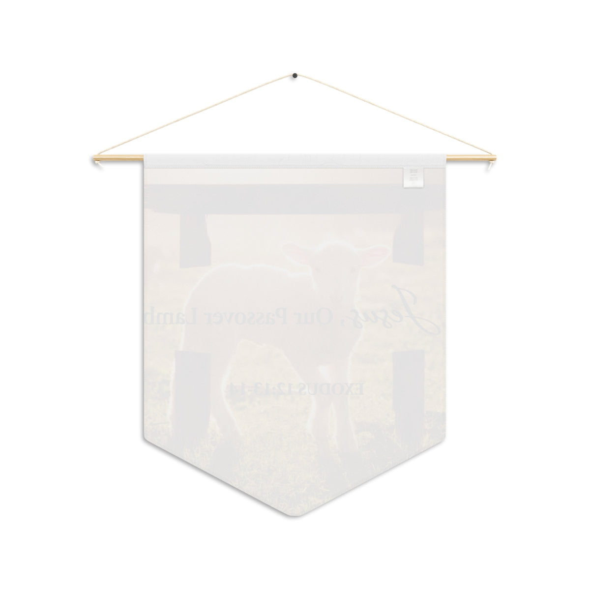 Back of the Passover Lamb wall pennant, with the print showing faintly through the white fabric