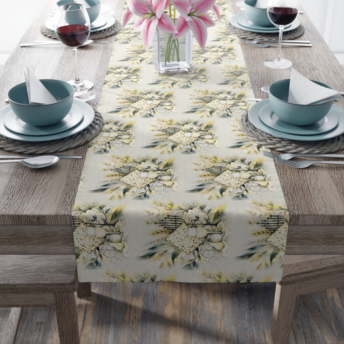 Passover Seder floral table runner on set table