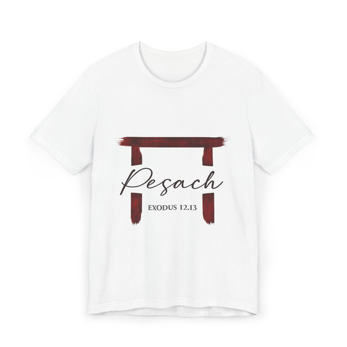 Front view of a white Pesach t-shirt with a red brushstroke doorframe and the words Exodus 12:13