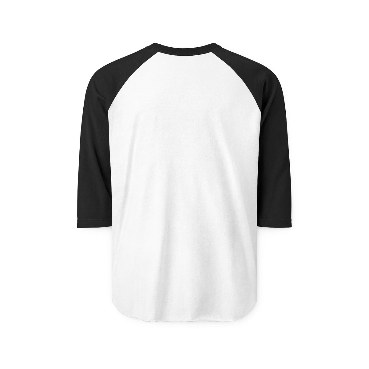 Back view of a plain white raglan shirt with black three-quarter sleeves