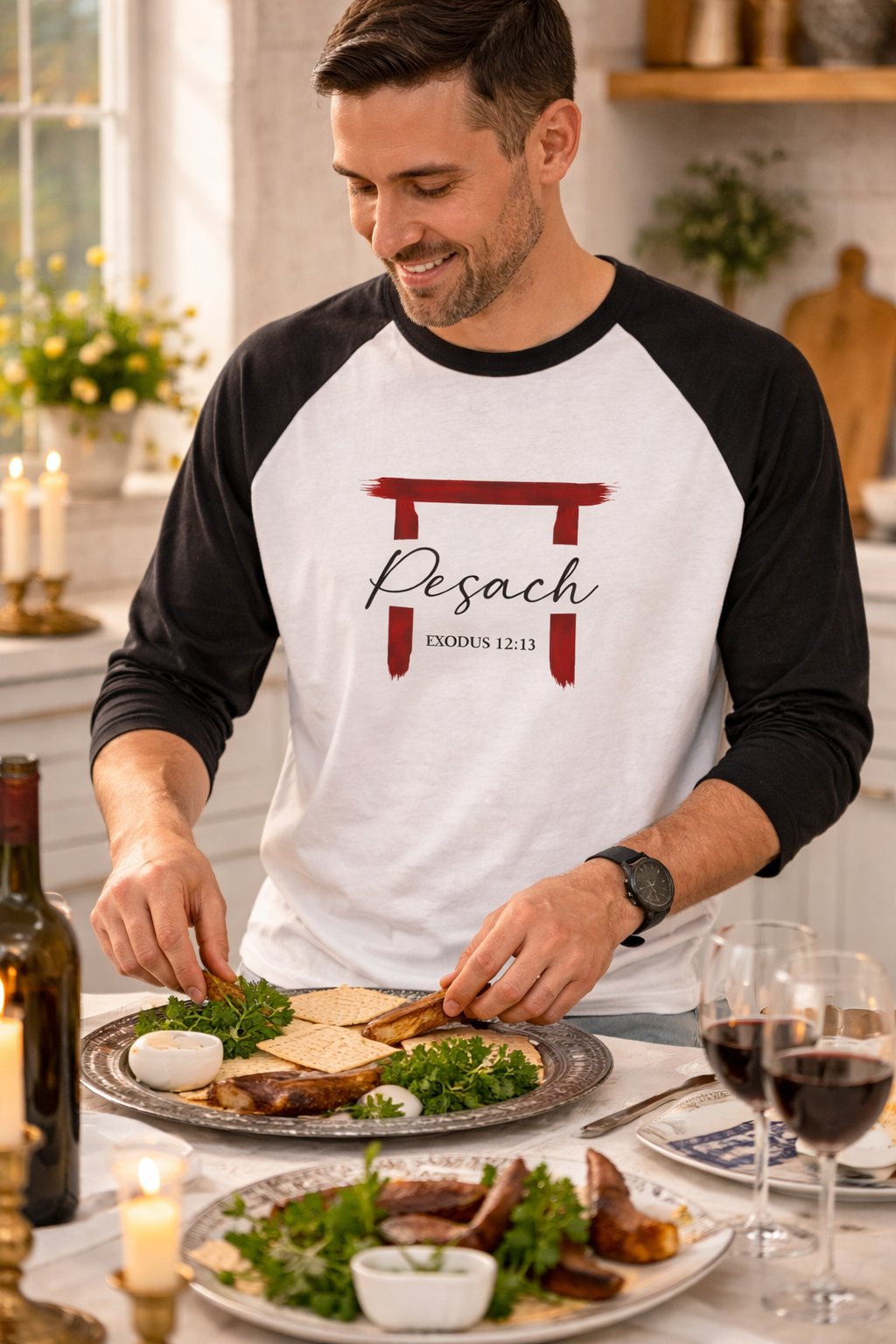 White and black raglan shirt with a red brushstroke doorframe, Pesach and Exodus 12:13, worn by a man at a Seder table