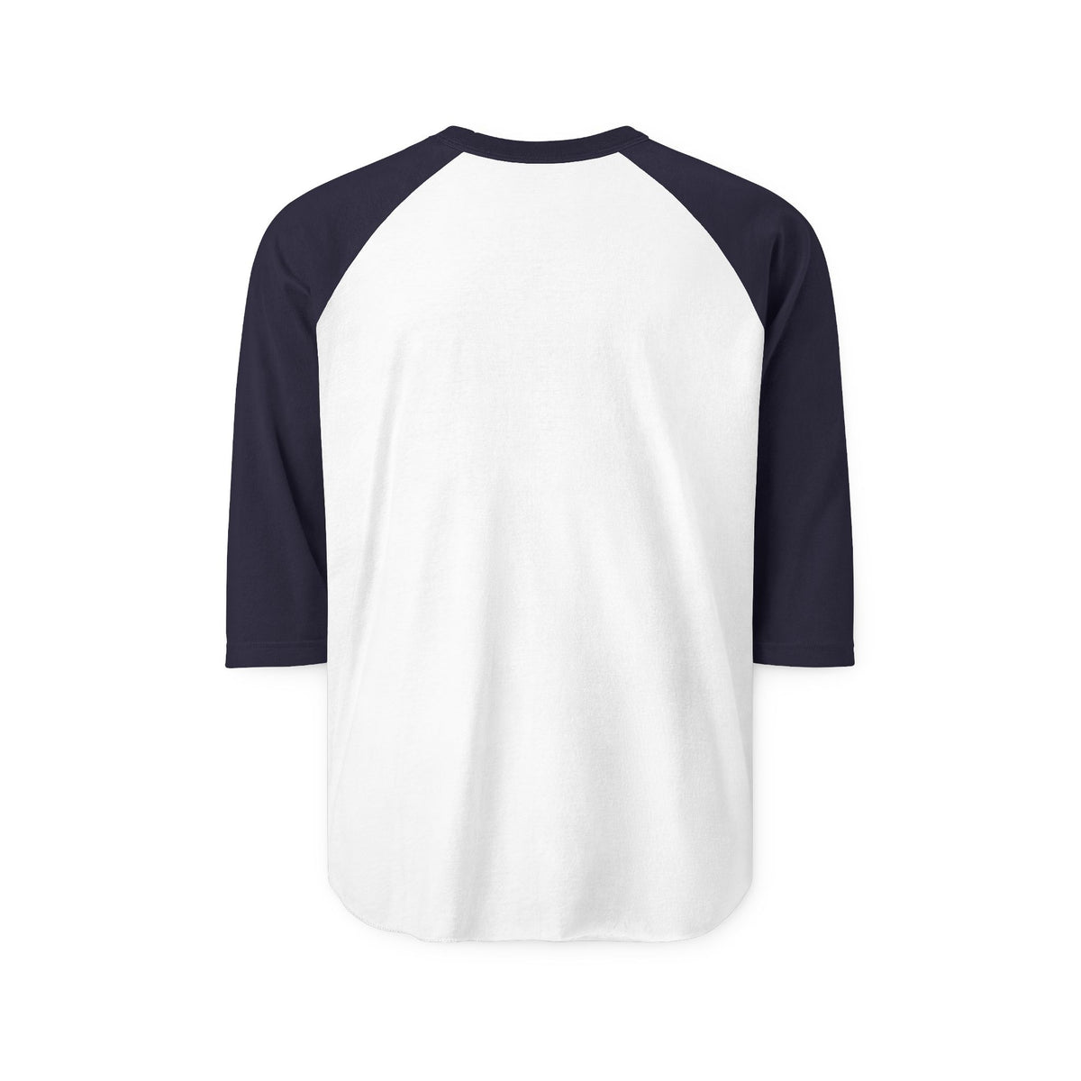 Back view of a plain white raglan shirt with navy three-quarter sleeves