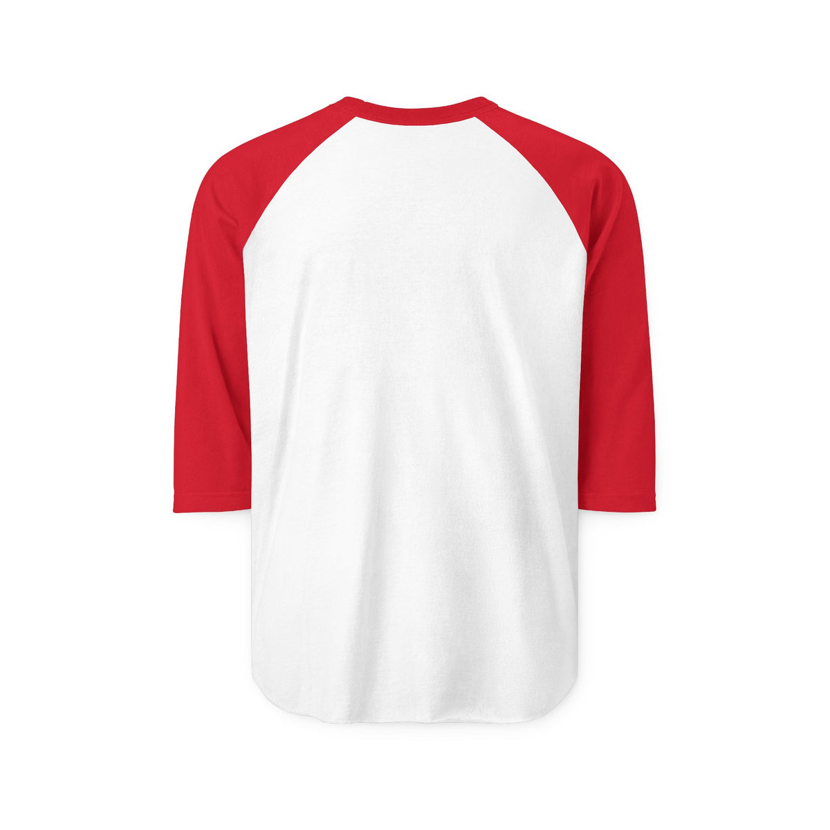 Back view of a plain white raglan shirt with red three-quarter sleeves