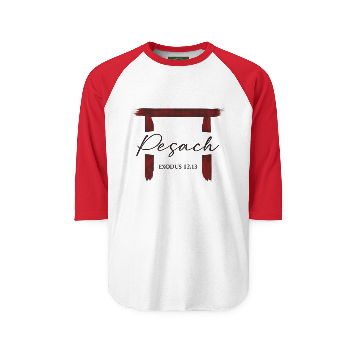 Front view of a white and red raglan shirt with a red brushstroke doorframe, Pesach and Exodus 12:13