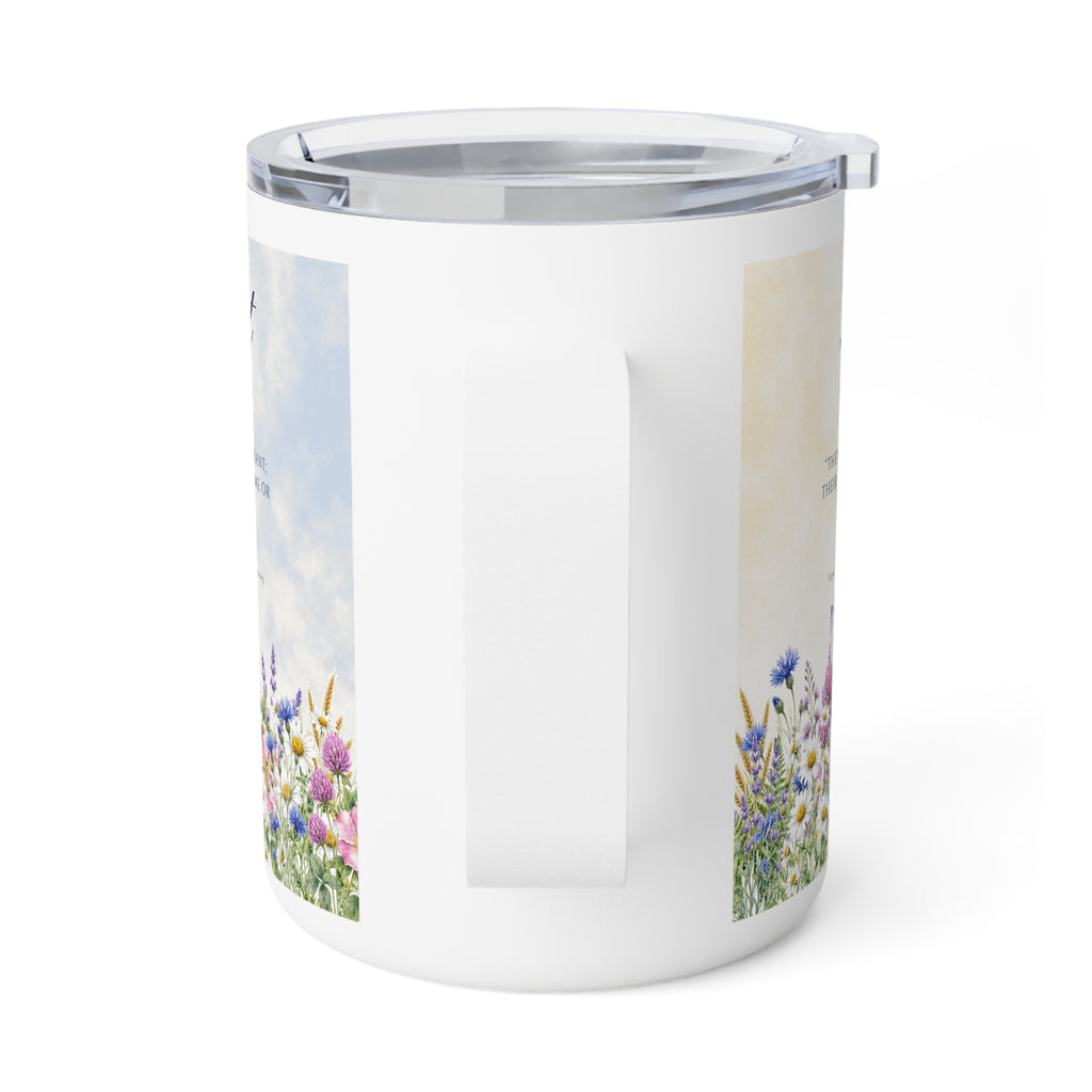 Back of the Radiant insulated mug showing the handle and wildflower meadow edges