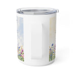 Back of the Radiant insulated mug showing the handle and wildflower meadow edges