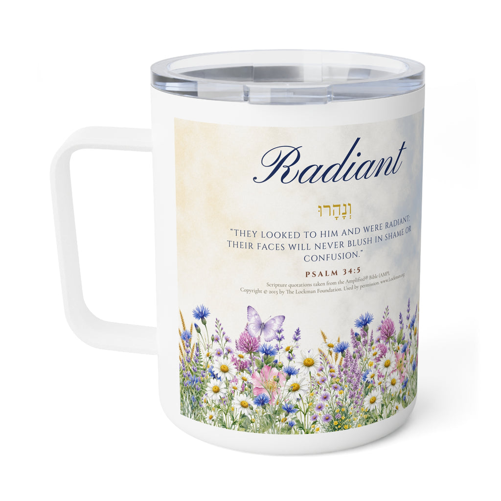 Radiant wildflower insulated mug with Psalm 34:5, They looked to Him and were radiant, handle left