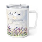 Radiant wildflower insulated mug with Psalm 34:5 above daisies, cornflowers and a butterfly, handle right