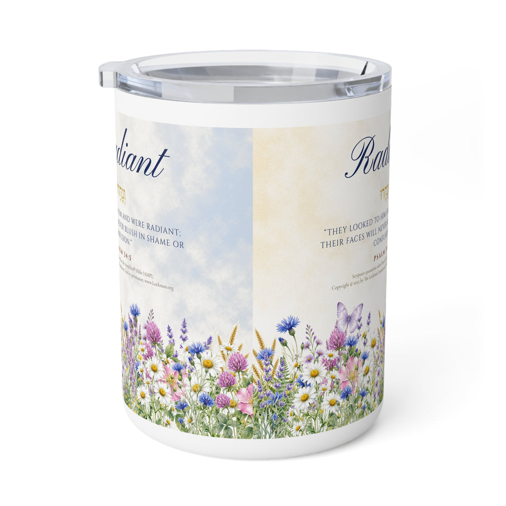 Side view of the Radiant wildflower insulated mug showing the Psalm 34:5 design twice above a wildflower meadow