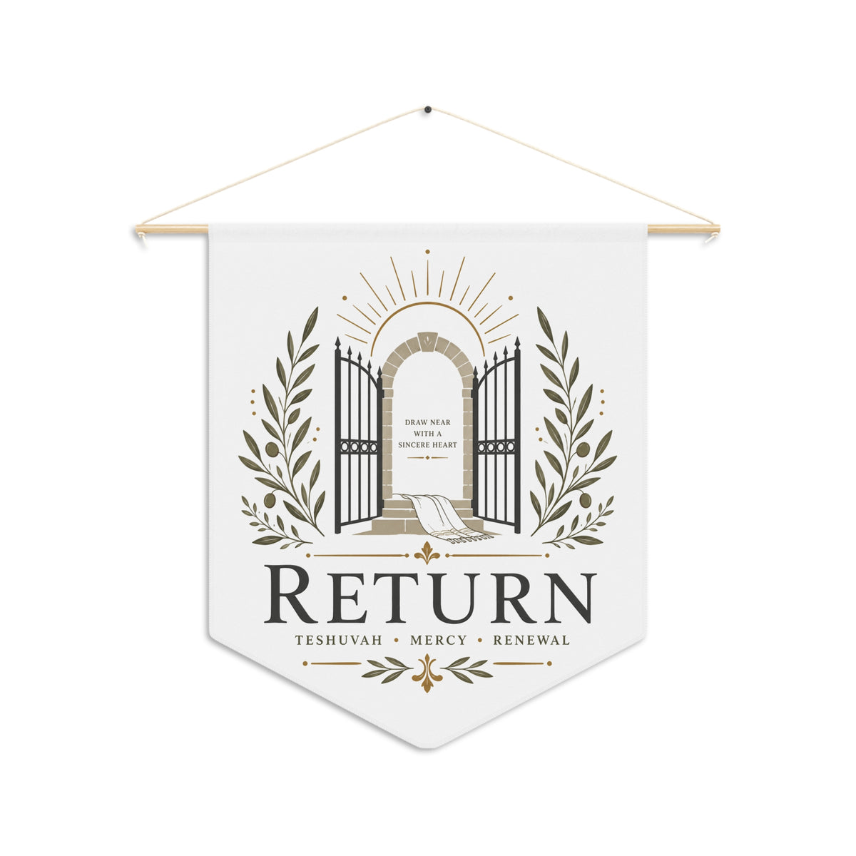Return wall pennant with an open gate in olive branches and "Teshuvah, Mercy, Renewal", on a white background