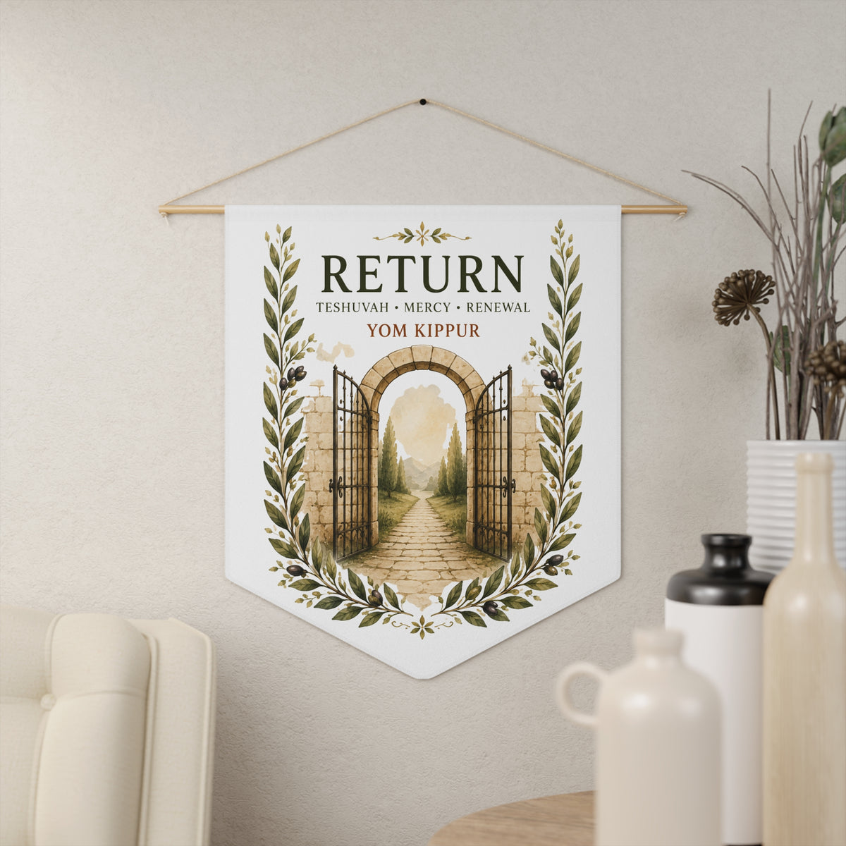 Return wall pennant with an open stone gate and path, "Teshuvah, Mercy, Renewal" and Yom Kippur, in a living room
