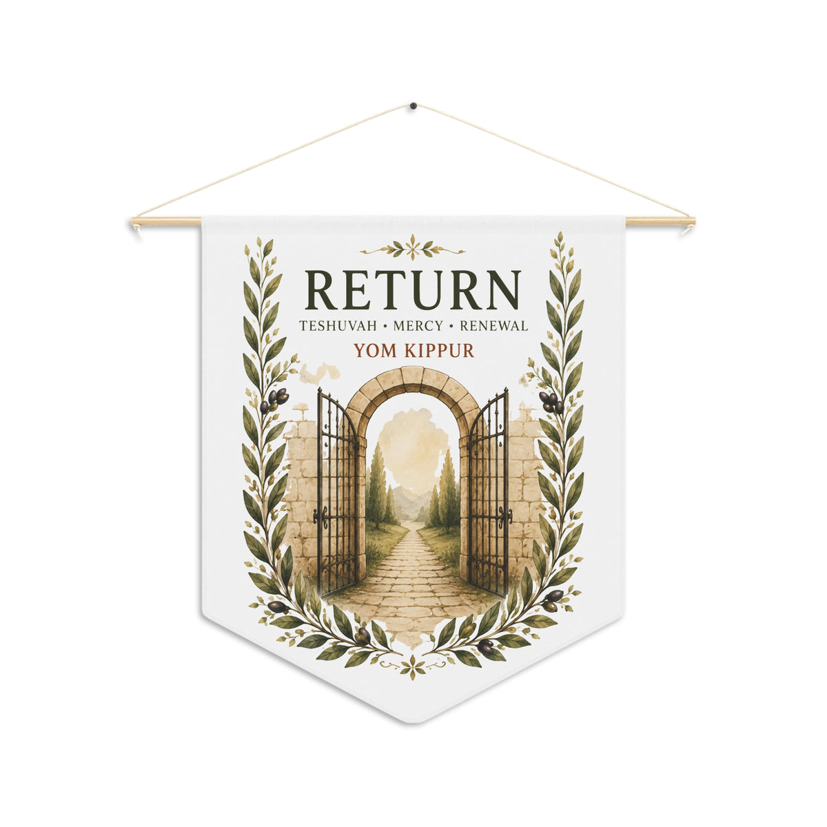 Return wall pennant with an open stone gate and path, "Teshuvah, Mercy, Renewal" and Yom Kippur, on a white background
