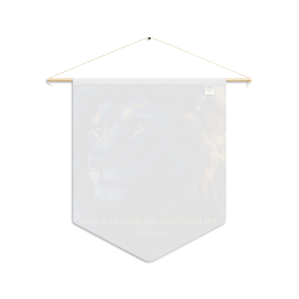 Back of the Bold as a Lion wall pennant, with the print showing faintly through the white fabric