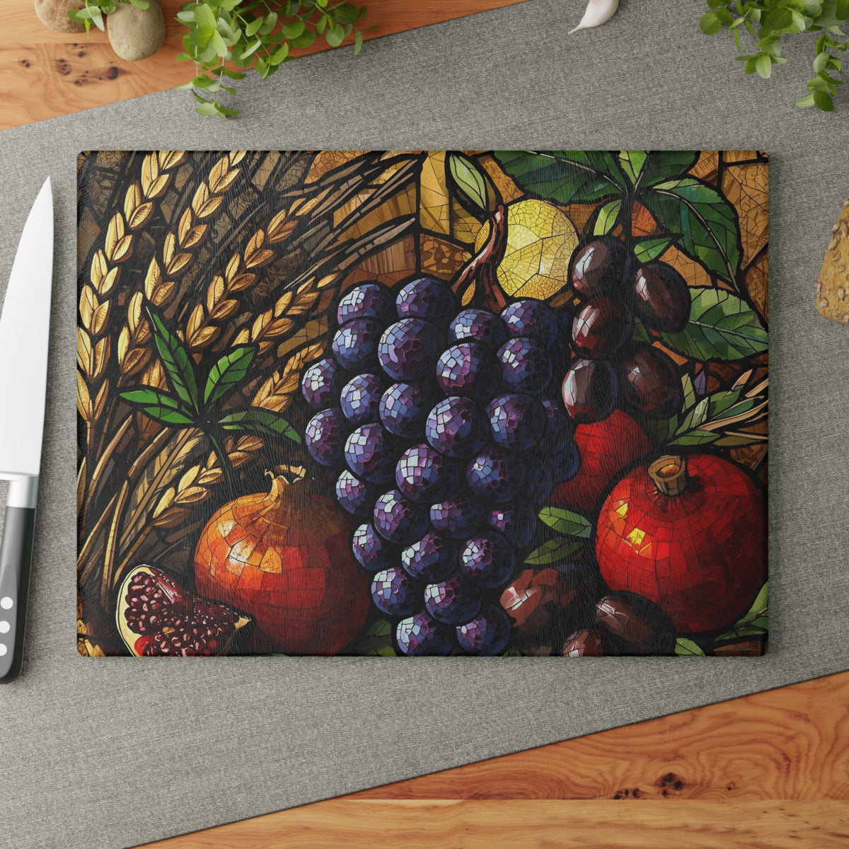 Seven Species mosaic glass cutting board Judaica decor