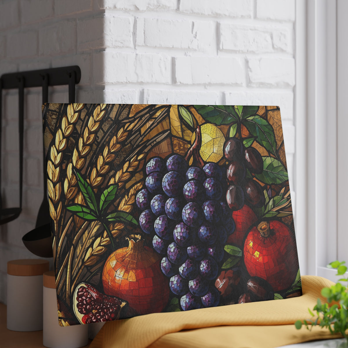 Seven Species glass cutting board serving tray view