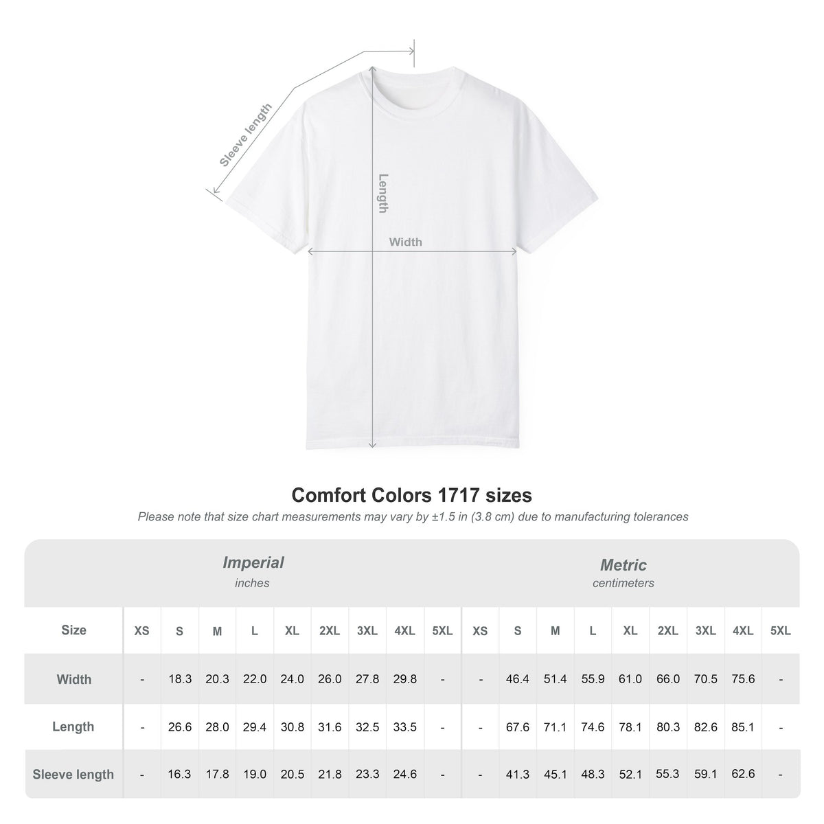 Size chart for the Comfort Colors 1717 t-shirt with width, length and sleeve measurements