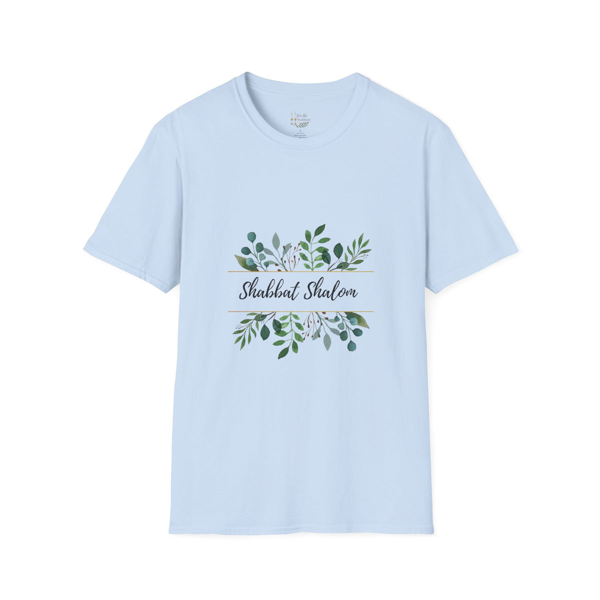 Front view of a light blue Shabbat Shalom t-shirt with script lettering framed by green leaves