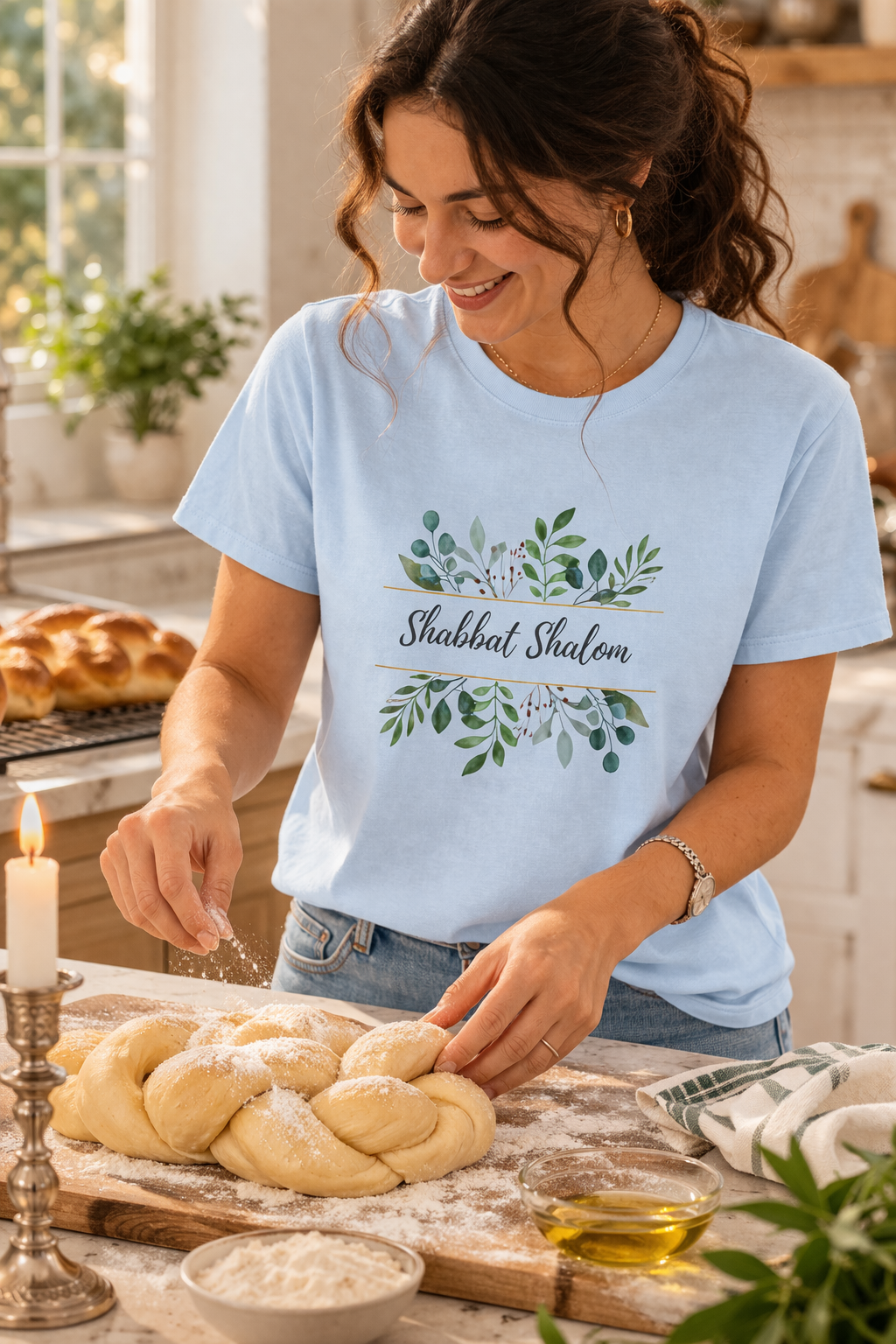 Light blue Shabbat Shalom tee with a green botanical design, worn by a woman braiding challah beside a candle