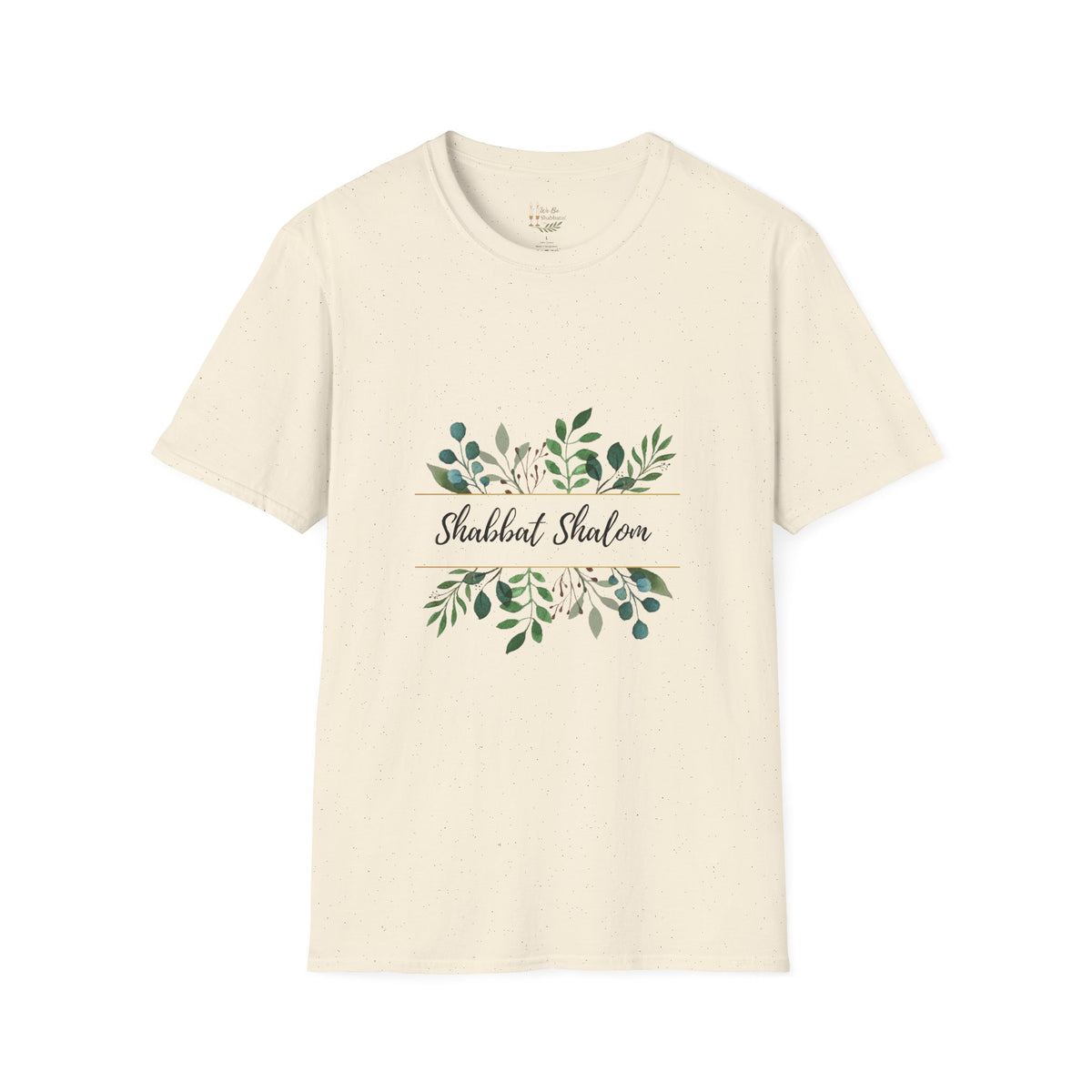 Front view of a natural Shabbat Shalom t-shirt with script lettering framed by green leaves