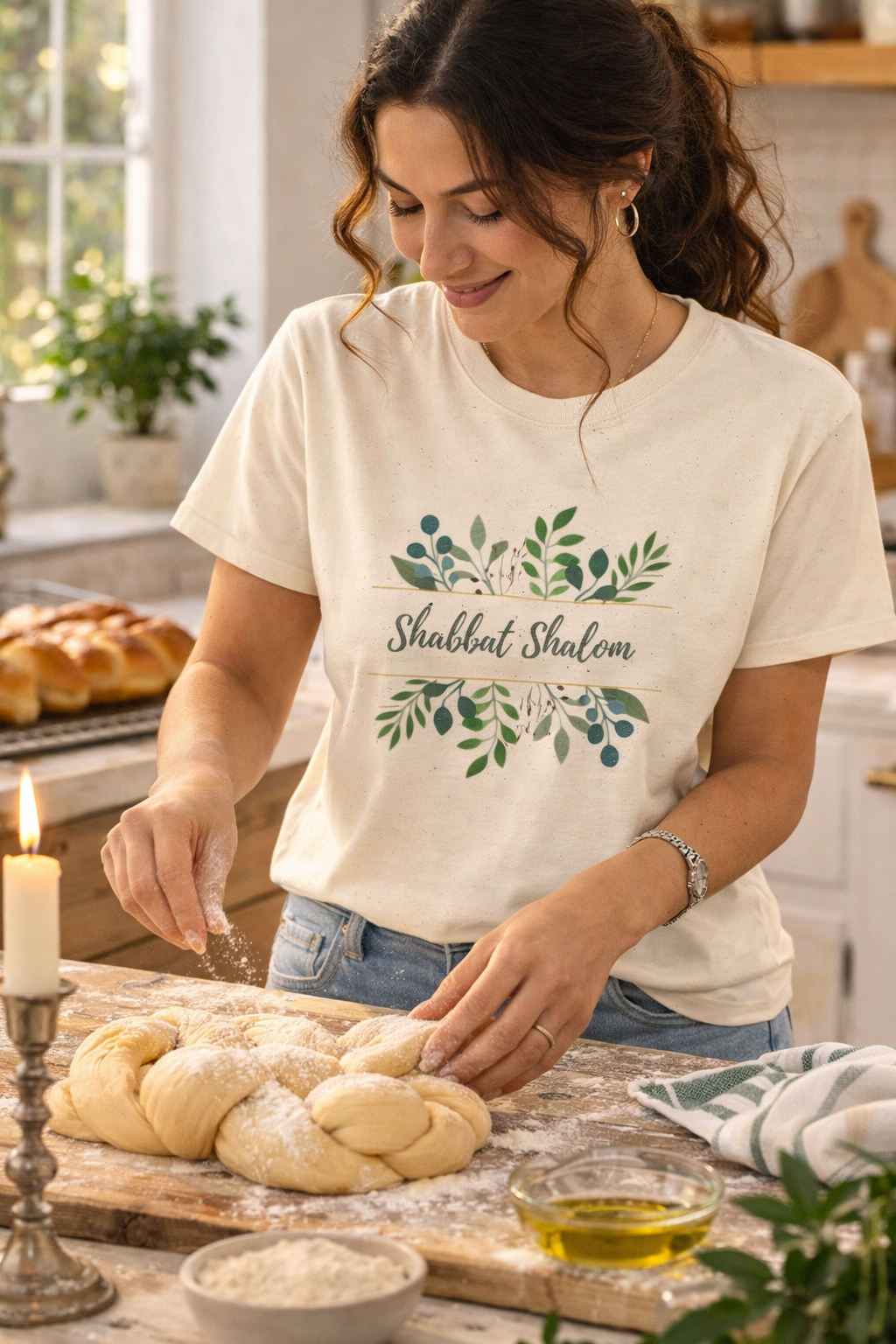 Natural Shabbat Shalom tee with a green botanical design, worn by a woman braiding challah beside a lit candle