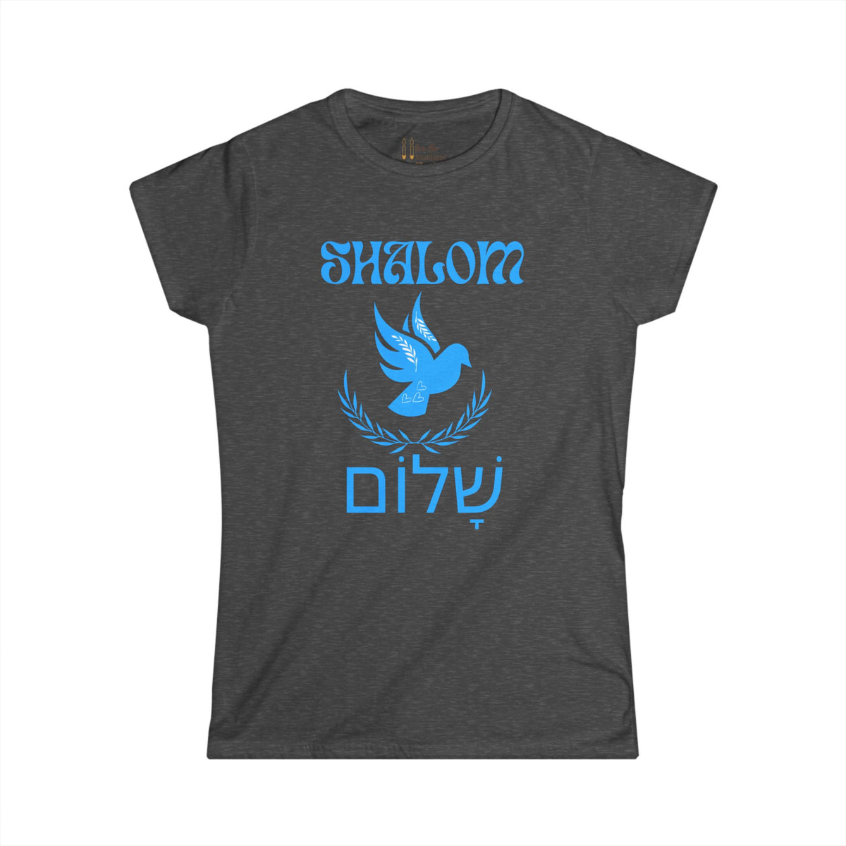Front view of a dark heather women's t-shirt with Shalom, a blue dove, laurel branches and Hebrew lettering