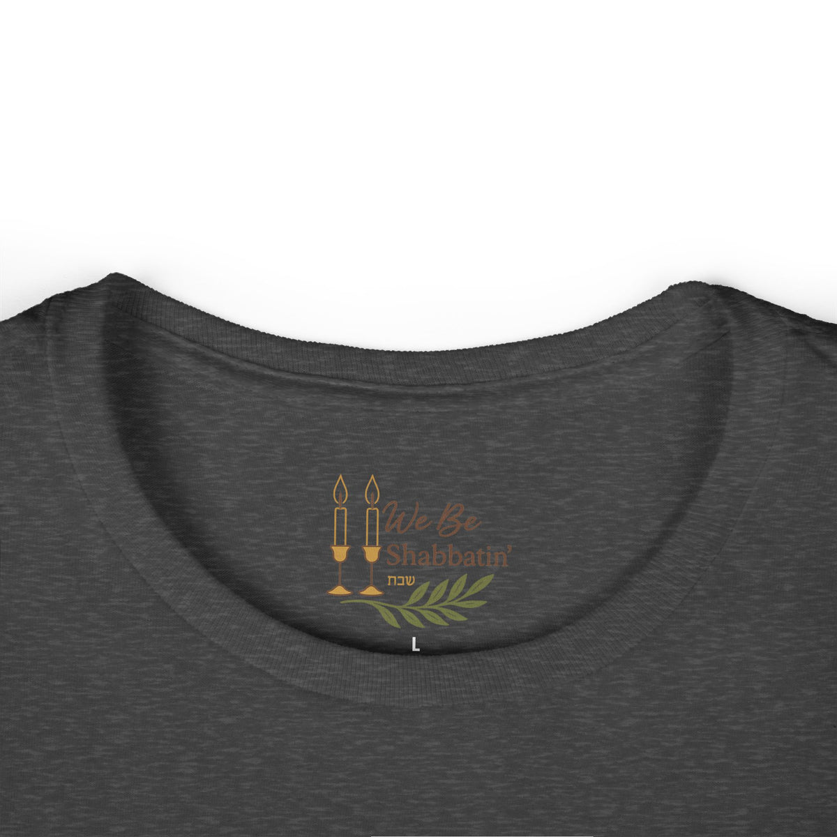 Close-up of the We Be Shabbatin' neck label inside a dark heather t-shirt