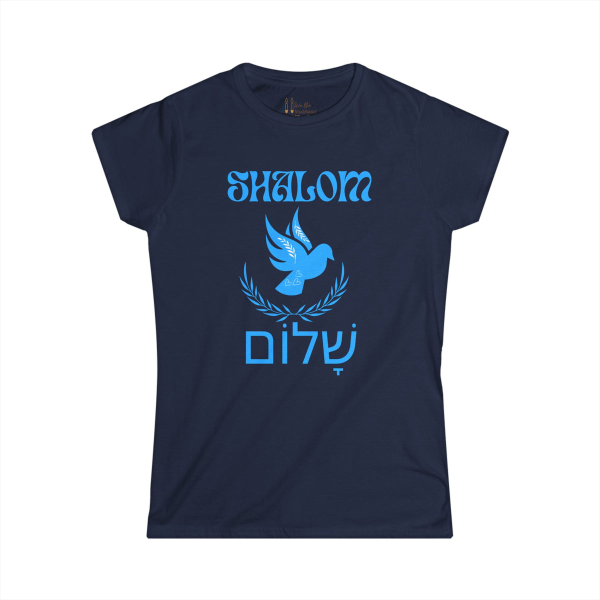 Front view of a navy women's t-shirt with Shalom, a blue dove, laurel branches and Hebrew lettering