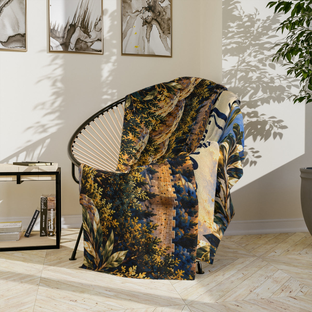 Shalom Jerusalem olive branch blanket draped over a round chair showing the city walls
