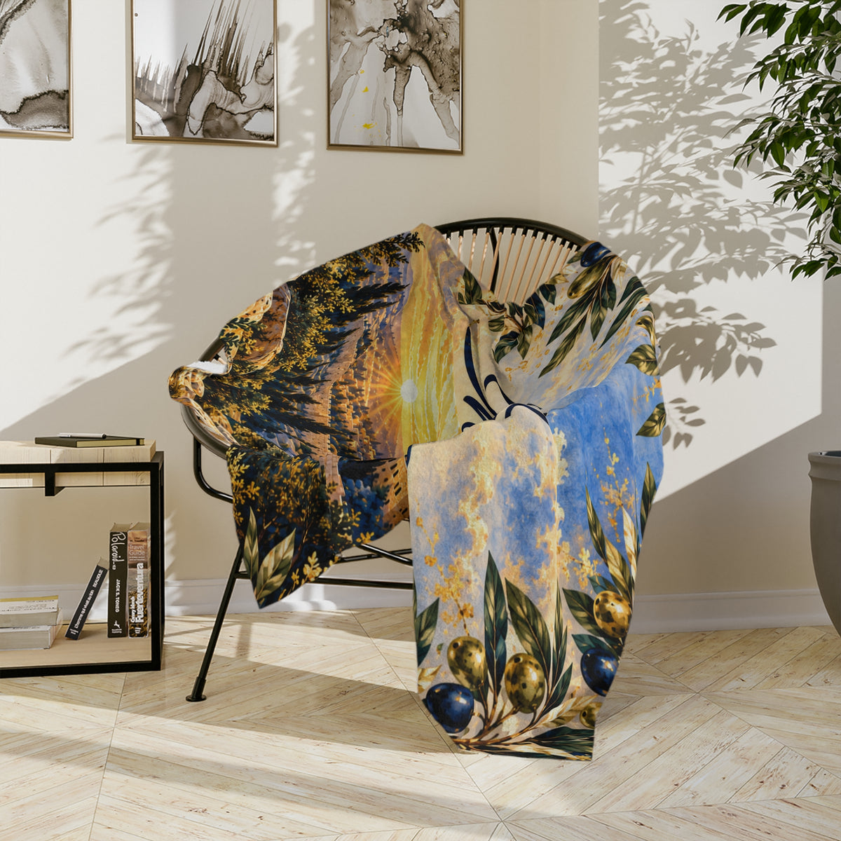 Shalom Jerusalem olive branch blanket draped over a round black chair in a sunlit room