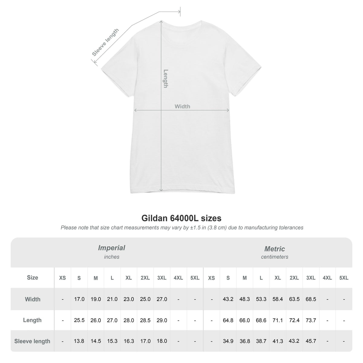 Size chart for the Gildan 64000L women's t-shirt in inches and centimeters