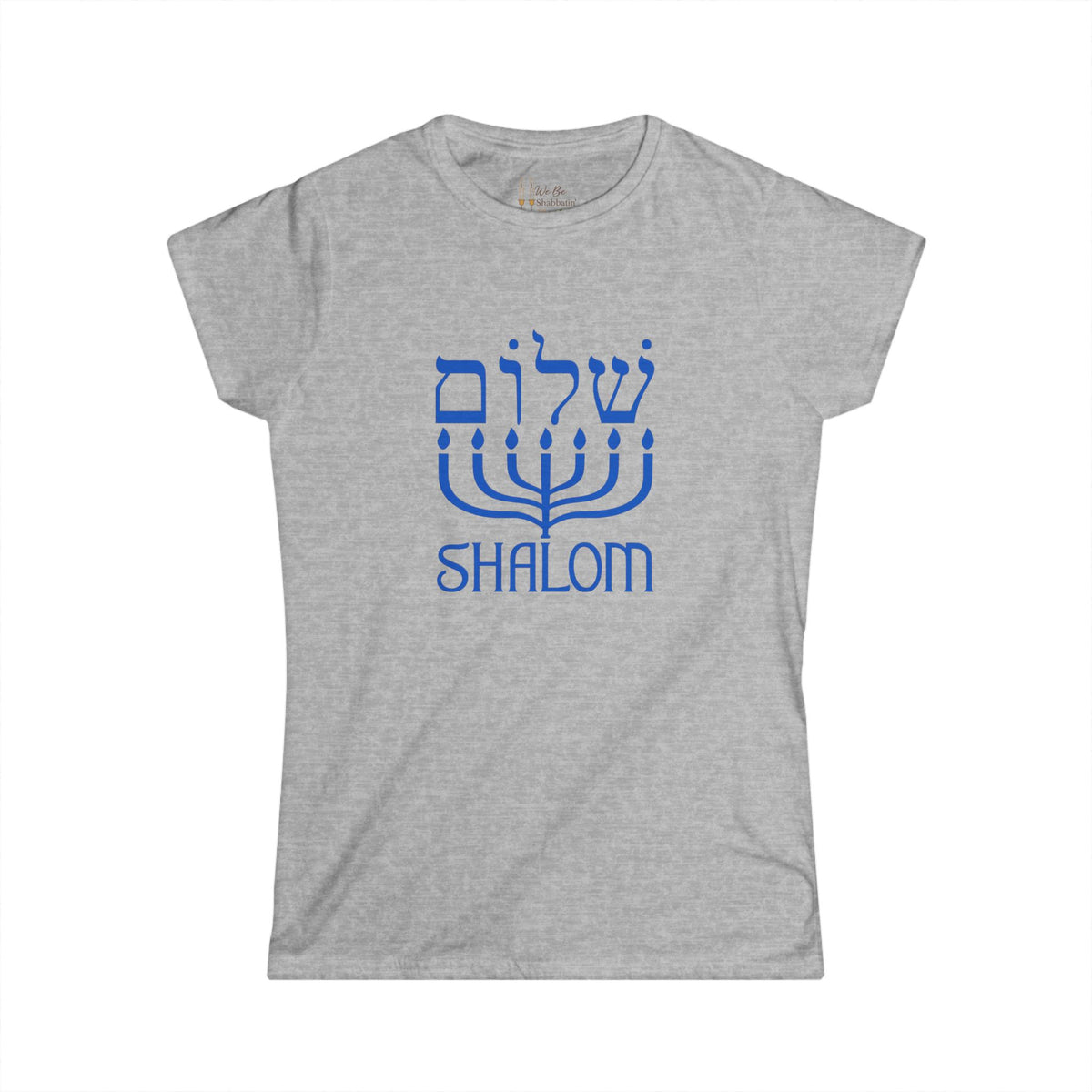 Front view of a sport grey women's Shalom t-shirt with blue Hebrew lettering above a menorah