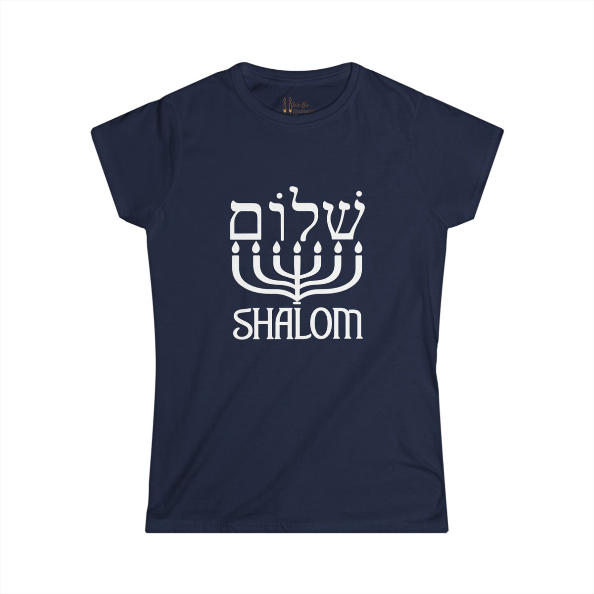 Front view of a navy women's Shalom t-shirt with white Hebrew lettering above a menorah