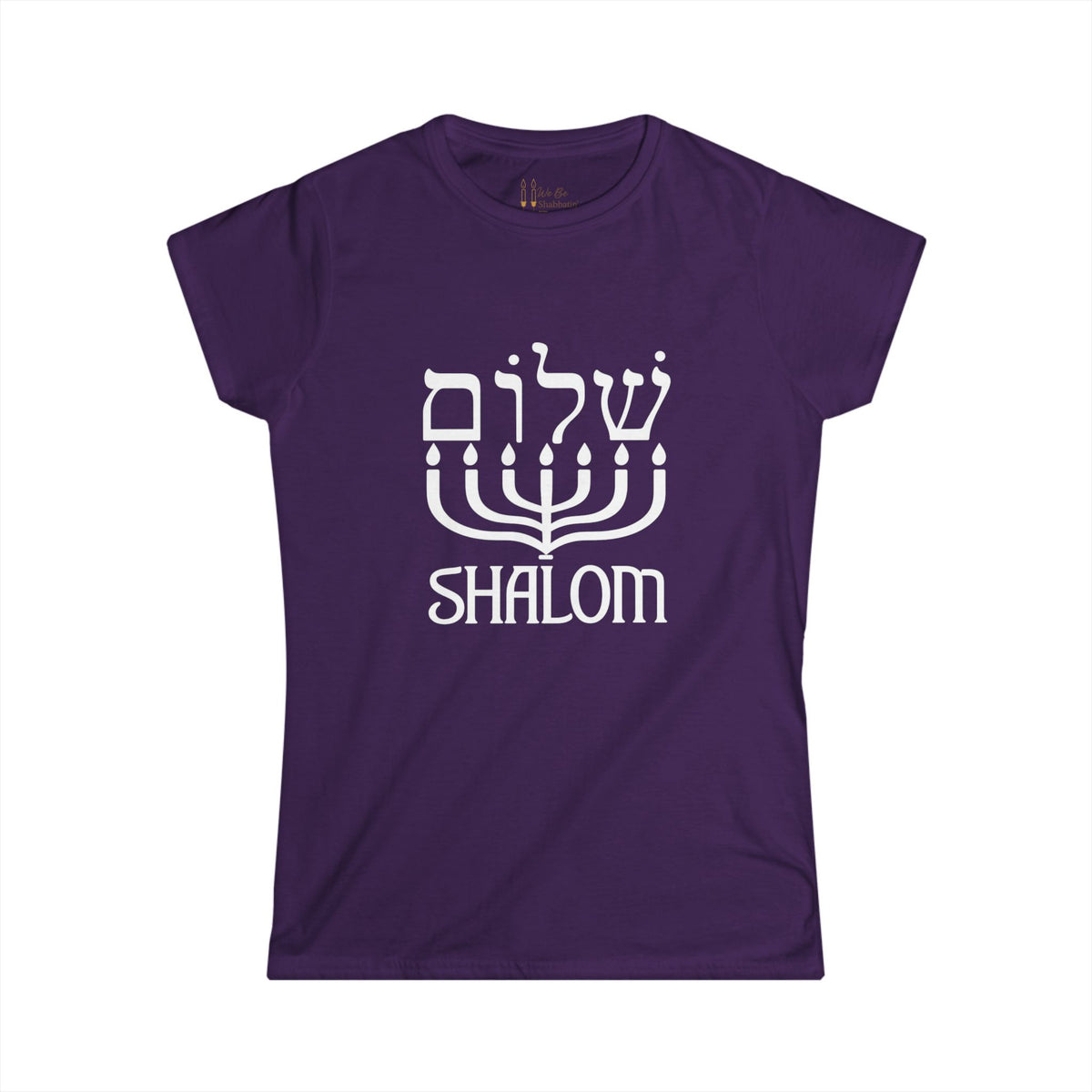 Front view of a purple women's Shalom t-shirt with white Hebrew lettering above a menorah