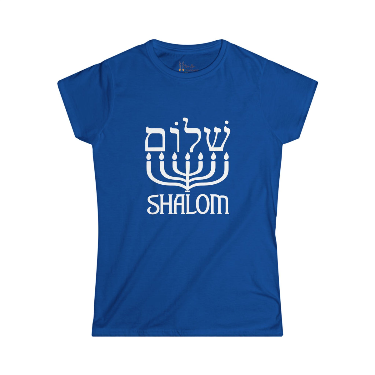 Front view of a royal blue women's Shalom t-shirt with white Hebrew lettering above a menorah