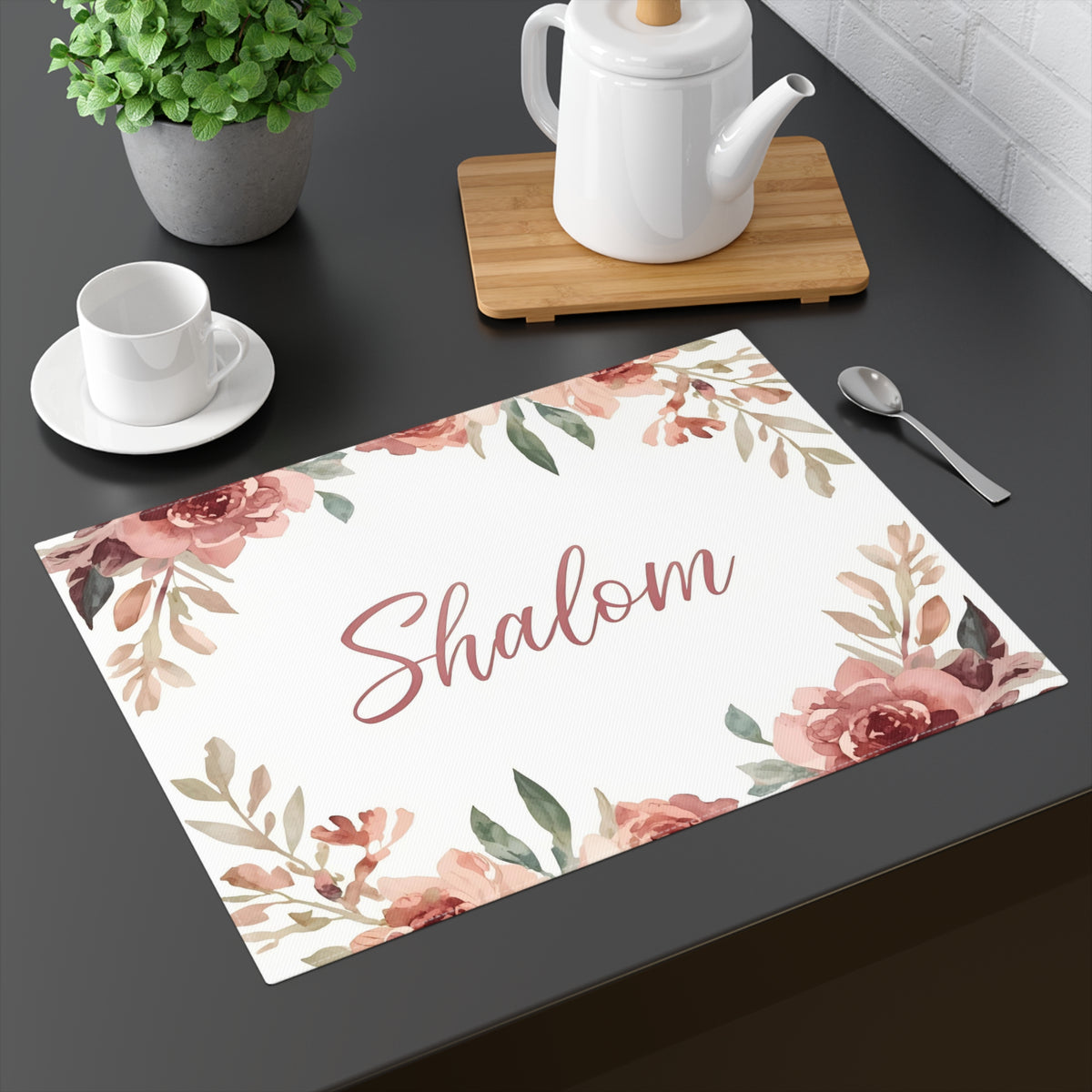 Shalom floral cotton twill placemat Judaica table decor