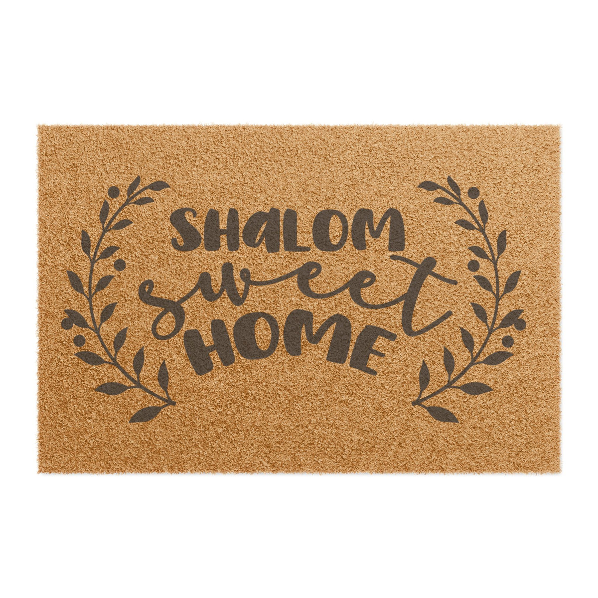 Natural coir doormat with "Shalom" in block letters, "sweet" in script and "Home" framed by laurel branches, on white