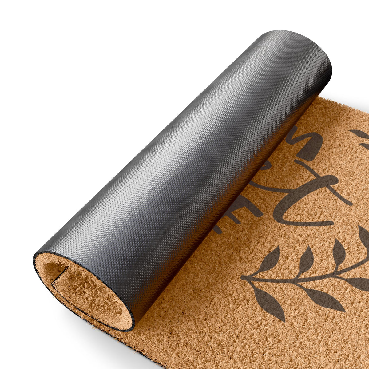 Personalized Shalom Sweet Home coir doormat partly rolled up to show its black vinyl backing