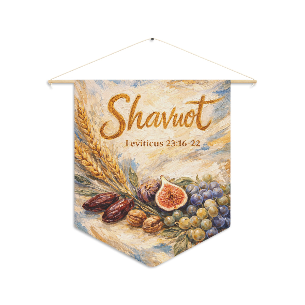 Shavuot wall pennant with gold "Shavuot" and Leviticus 23:16-22 above wheat, dates, a fig and grapes, on white