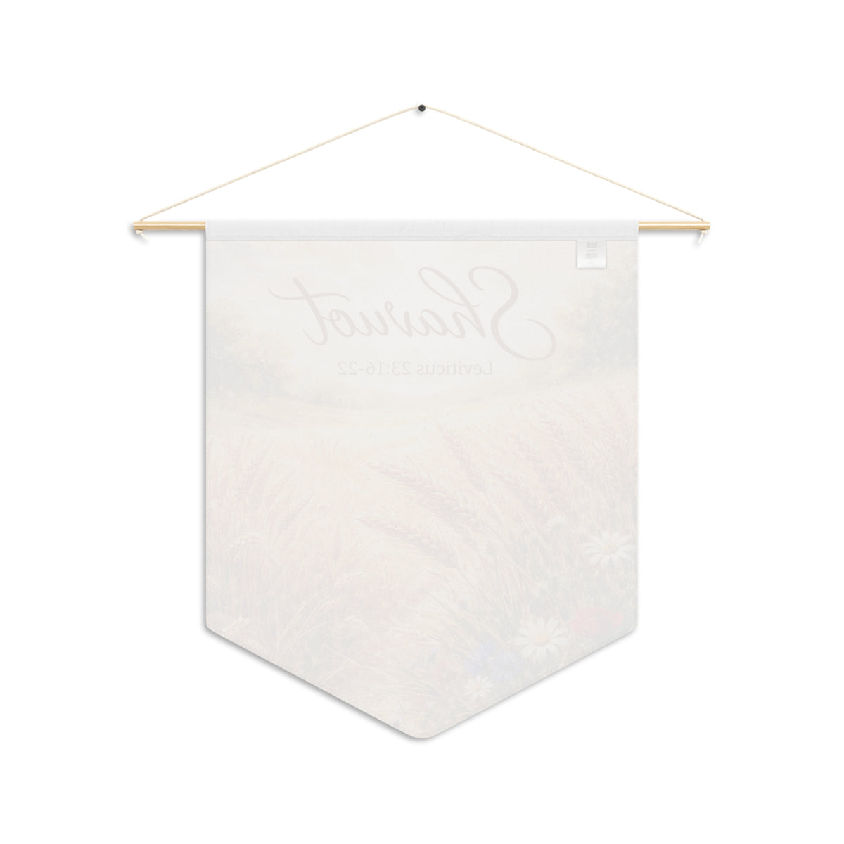 Back of the Shavuot wall pennant, with the print showing faintly through the white fabric