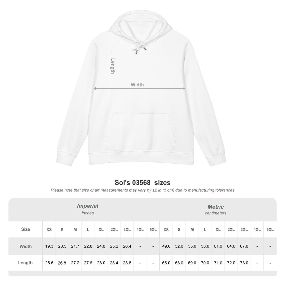 Size chart for the Sol's 03568 hoodie with width and length in inches and centimeters