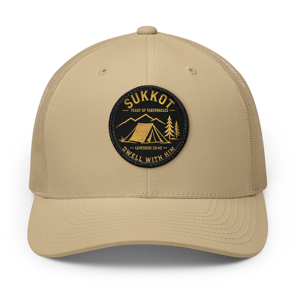 Khaki trucker cap with a round Sukkot Dwell With Him patch with a gold tent, mountains and Leviticus 23:42, front view