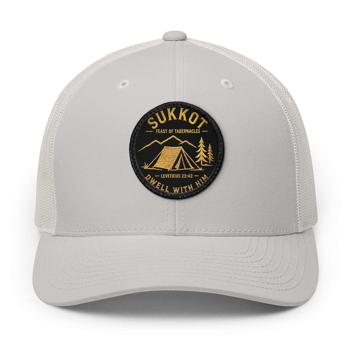 Light grey trucker cap with a round Sukkot Dwell With Him patch with a gold tent, mountains and Leviticus 23:42, front view